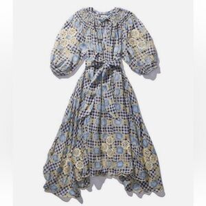 Gingham Floral Puff-Sleeve Maxi Dress in Blue and butter yellow